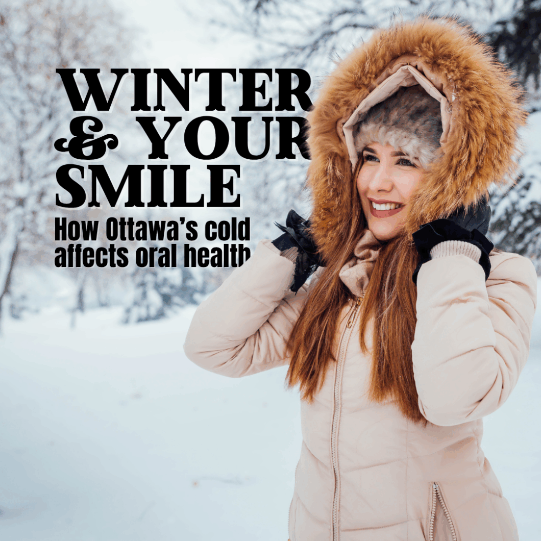 Smiling person in winter scarf showing healthy teeth with snowflakes in background