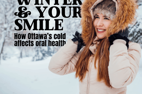 Smiling person in winter scarf showing healthy teeth with snowflakes in background